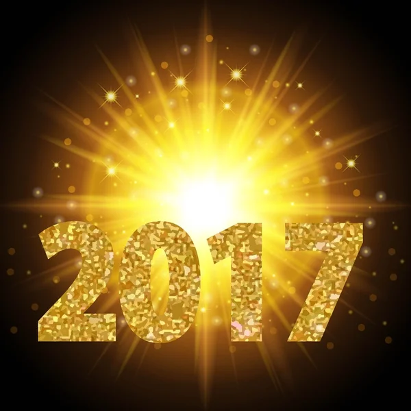 New Year 2017 text gold color, bright light, background realistic golden . Efect lens glow  modern design abstraction. Vector illustration — Stock Vector