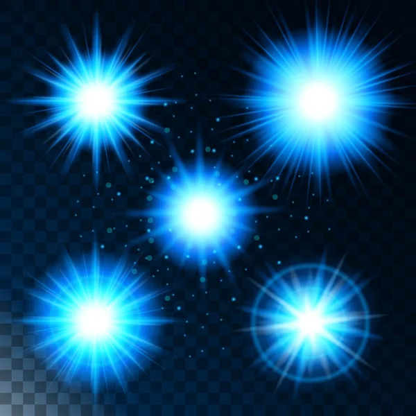Conjunto de estrellas de efecto de luz brillante, la luz del sol brilla azul con destellos sobre un fondo transparente. Ilustración vectorial — Vector de stock