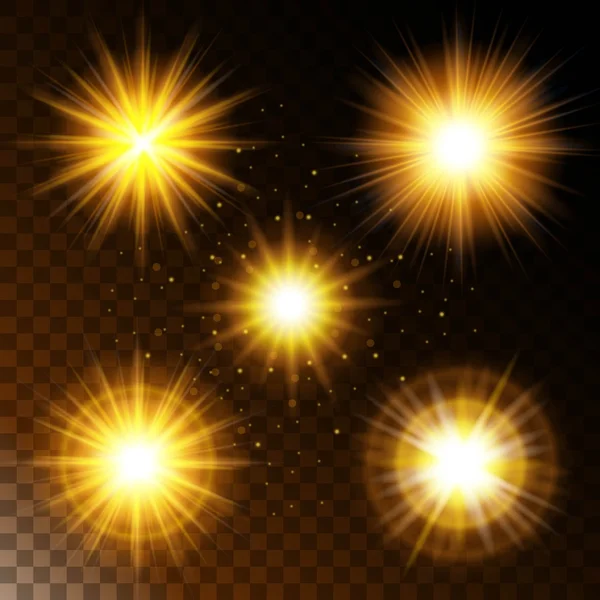 Set di stella effetto luce incandescente, la luce del sole caldo bagliore giallo con scintille su uno sfondo trasparente. Illustrazione vettoriale — Vettoriale Stock
