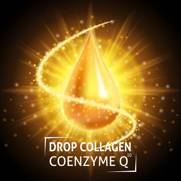 Serum Collagen coenzym Q10, realistiska gyllene droppe. Ta hand om huden. Anti age hyaluronic serum. Design kosmetika. Vektorillustration Eps 10 — Stock vektor