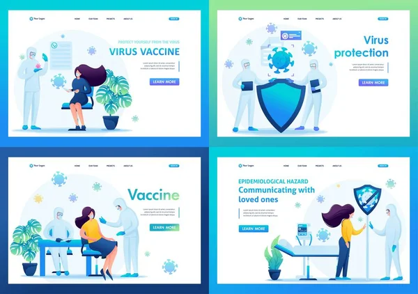 Vaccin contre le virus. Ensemble de pages de renvoi d'illustrations pendant l'épidémie. Caractères 2D — Image vectorielle