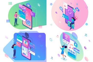 Akıllı telefon yazılımı, sistem güncellemesi, veri toplama, phishing linkleri ve müzik ile izometrik çalışma ayarla. Web sitesi ve mobil site geliştirme için