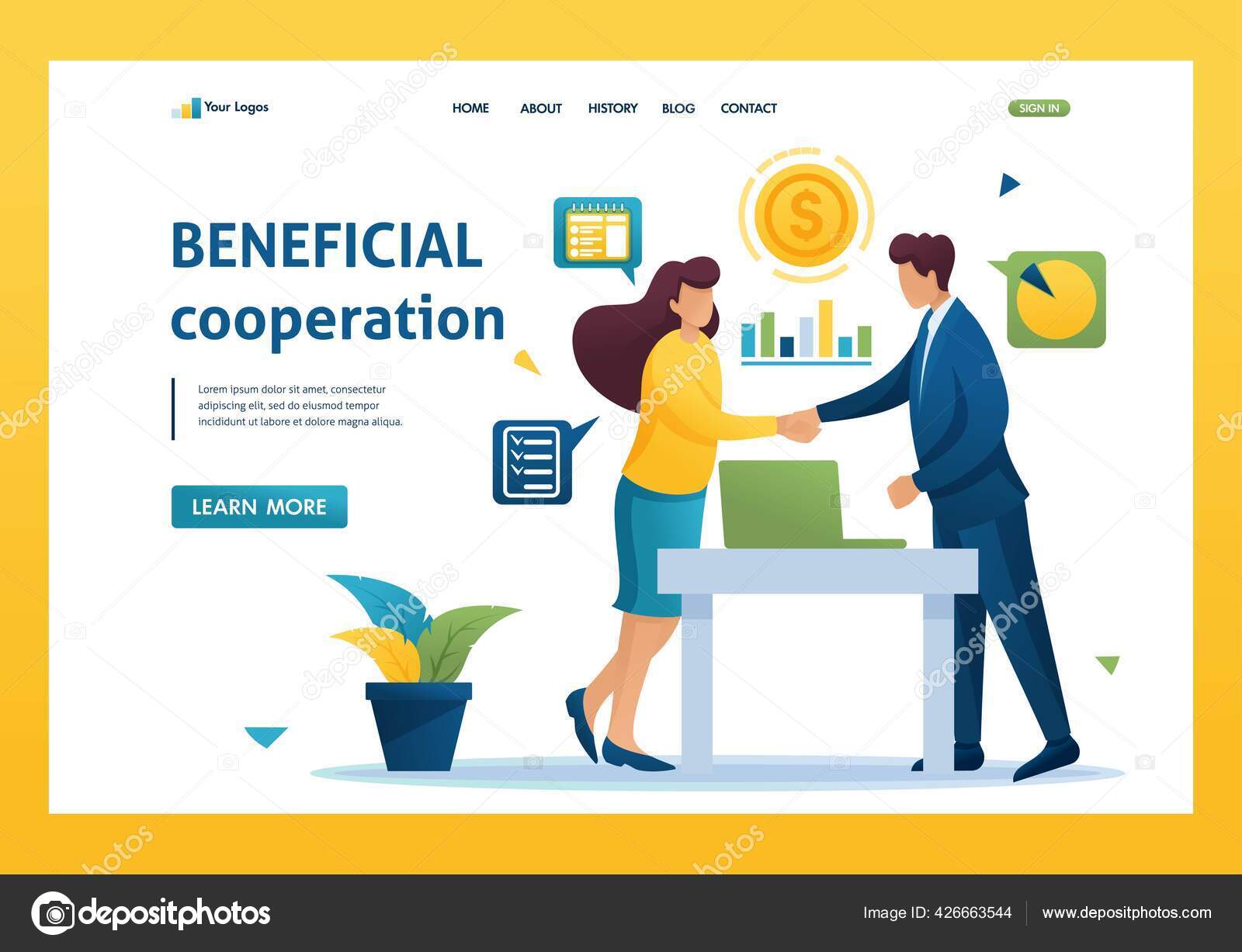 合作伙伴达成了有利可图的合作、商业伙伴关系.平面2D着陆页图库矢量图©ElizaLIV 426663544, image size:1600x1227