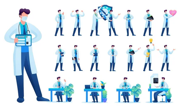 Set of Man dokter. Presentasi dalam berbagai pose dan tindakan. ilustrasi vektor karakter 2D Flat N2 - Stok Vektor