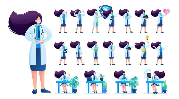 Um conjunto de mulheres médicas. Apresentação em vários em várias poses e ações. 2D Ilustração vetorial de caráter plano N9 —  Vetores de Stock