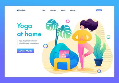 Self-isolation, the girl does yoga at home in a calm environment. Flat 2D. Page vector landing illustration