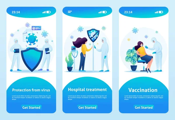 Protection against the virus in Hospital treatment and Vaccination. Flat 2D. Vector illustration mobile app — Stock Vector
