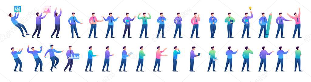 Big Set of Young Men for creating illustrations and landing pages. 2D Flat character vector illustration