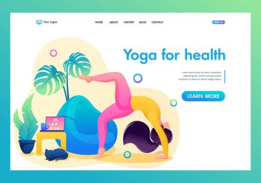 Kız vücudun ve ruhun sağlığı için yoga yapıyor. Yoga evde. Düz 2B iniş sayfası