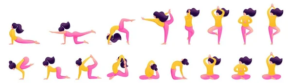 Conjunto grande de meninas em poses diferentes durante uma aula de ioga — Vetor de Stock