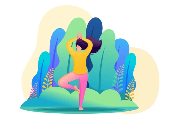 La fille fait du yoga dans la nature, dans le parc, dans la forêt. Flat 2D Web design — Image vectorielle