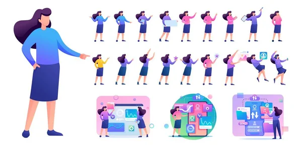 Set of Young Woman. Presentation in various in various poses and actions. 2D Flat character vector illustration N4 — Vector de stock