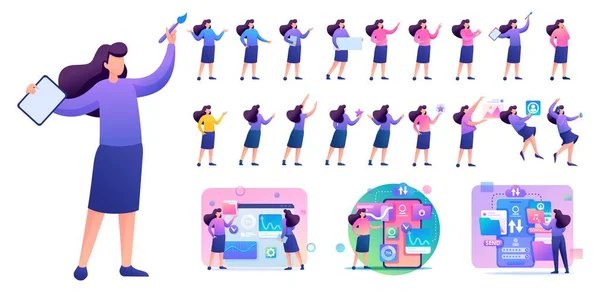 Set of Young Woman. Presentation in various in various poses and actions. 2D Flat character vector illustration N2 — Vector de stock