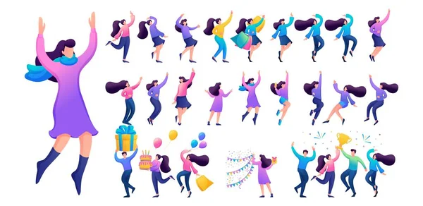 Set of a fun teen girl. Presentation in various in various poses and actions. 2D Flat character vector illustration N6 — Vector de stock