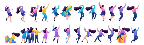 Set of fun teen girls with different poses for use in vector illustrations — Stock Vector