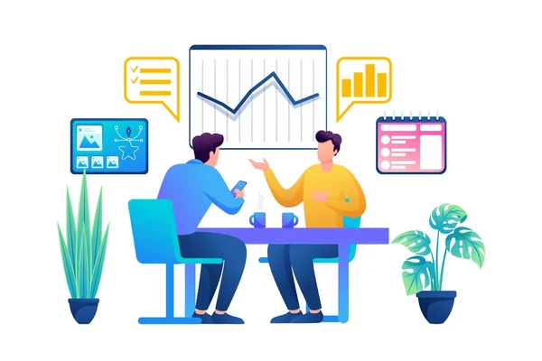 Communication of partners and planning of profit from the project of the creative team. Flat 2D Web design — Stock Vector