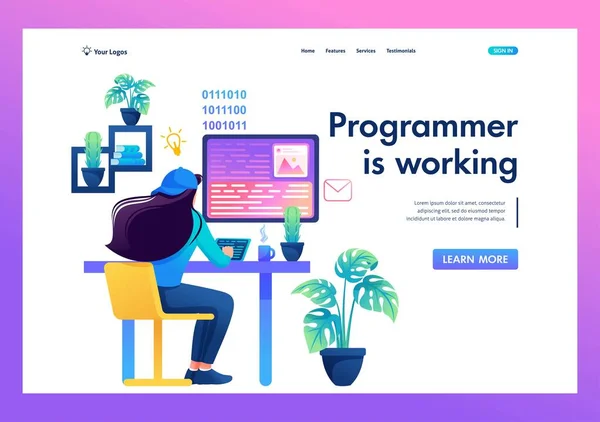 En programmerares arbetsplats, en flicka på en bärbar dator skriver programkod. Flat 2D landningssida — Stock vektor