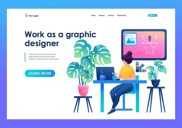 工作图形设计师，一个女孩画在平板电脑上，编辑在笔记本电脑上。平面2D着陆页 — 图库矢量图片