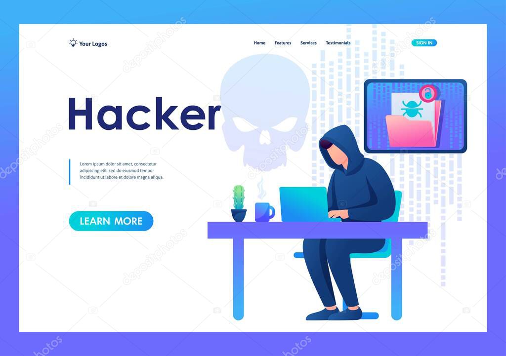 Hacker working on a laptop, cyber fraud, email hacking. Flat 2D landing page