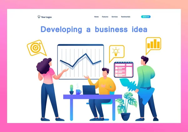 Crear y desarrollar una idea de negocio por un equipo creativo. Página de aterrizaje plana 2D — Archivo Imágenes Vectoriales