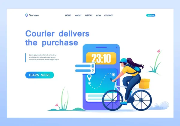 Courier Delivery To The Time When The Courier Carries The Goods On a Bicycle. Flat 2D Landing Page — Stock Vector