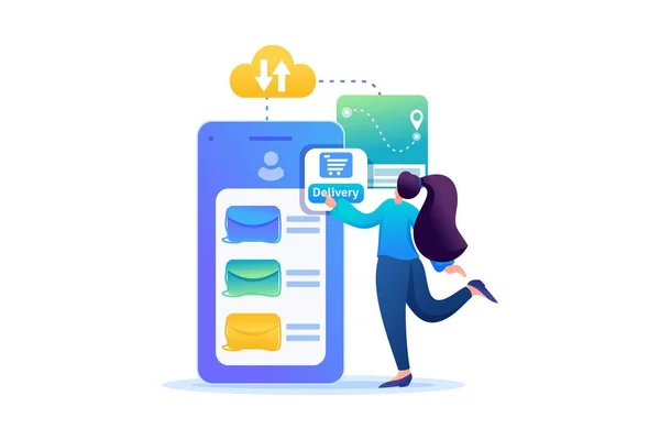 Дівчина робить онлайн-замовлення речей за допомогою смартфона. плоский 2D веб дизайн — стоковий вектор