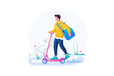 Elektrikli scooterlı genç kurye, Ofise ve eve fast food teslimatı. Düz 2B Web Tasarımı