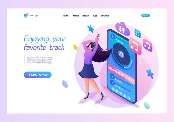 Landing Page Isometry. Girl With Headphones Enjoy Your Favorite Music Through The Mobile App. Vector Illustration — Stock Vector