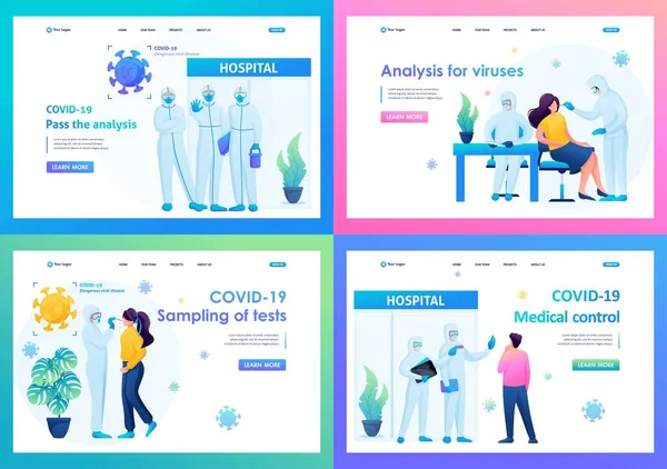 テンプレート付きのランディングページのセット。医師はウイルスと戦い、患者がテストに合格するのを助ける — ストックベクタ