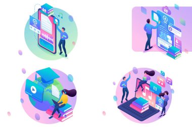 Web Tasarımı İzometrisini Ayarla. Şablonlar. Çevrimiçi Öğrenme. Vektör İllüstrasyonu