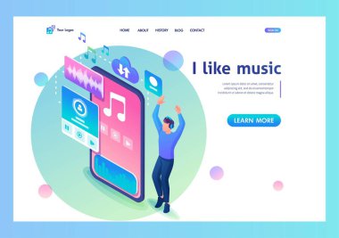 İniş Sayfası. Müziği seviyorum. Guy en sevdiği müziği dinlemeyi, dans etmeyi seviyor. Vektör İllüstrasyonu