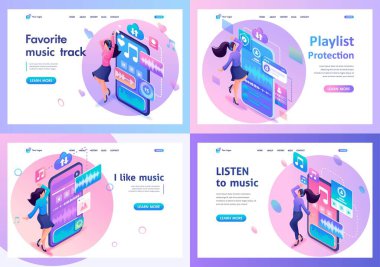 Şablonlu İniş Sayfaları. Kızlar akıllı telefonlarındaki uygulamayla müzik dinlerler. Vektör İllüstrasyonu