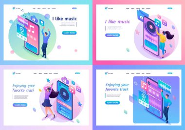 Şablonlu İniş Sayfaları. Gençler akıllı telefonlarıyla uygulamayla müzik dinlerler. Vektör İllüstrasyonu
