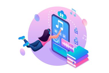 Isome Web Tasarım Şablonu. Kız, uygulamayla akıllı telefonundan bir Audiobook dinliyor. Vektör İllüstrasyonu