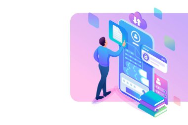 Isome Web Tasarım Şablonu. Adam eğitim için akıllı telefonuna bir Audiobook indiriyor. Çevrimiçi Öğrenme. Vektör İllüstrasyonu