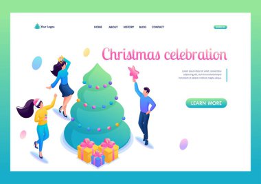 İniş Sayfası. Yeni yıl kurumsal partisinde iş adamları. Çalışanlar dans eder ve şampanya içer. Vektör İllüstrasyonu