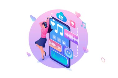 Isome Web Tasarım Şablonu. Kız en sevdiği müzikle Smartphone 'un yanında dans ediyor. Favori Parça. Vektör İllüstrasyonu