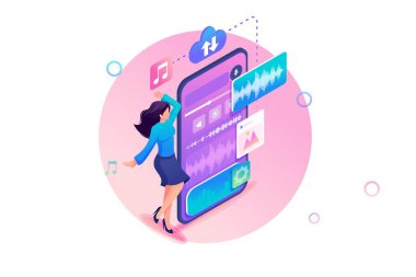 Isome Web Tasarım Şablonu. Kız en sevdiği müzikle Smartphone 'un yanında dans ediyor. En sevdiğiniz sanatçıyı dinleyin. Vektör İllüstrasyonu