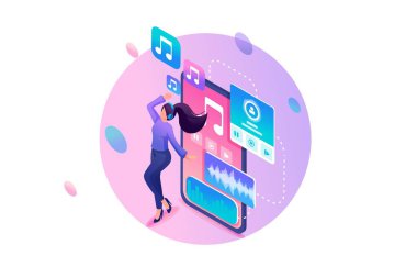 Isome Web Tasarım Şablonu. Kız en sevdiği müziği dinlemekten zevk alıyor. Favori Sanatçı, Favori Parçalar. Vektör İllüstrasyonu