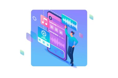 Isome Web Tasarım Şablonu. Müziği seviyorum. Adam en sevdiği şarkılarla dans ediyor. Müziğin tadını çıkar. Vektör İllüstrasyonu