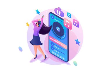 Isome Web Tasarım Şablonu. Kulaklıklı Kız, mobil uygulamayla en sevdiğiniz müziğin tadını çıkarın. Vektör İllüstrasyonu