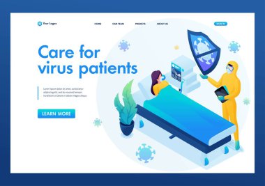 Isometric üç boyutlu. Viral enfeksiyonu olan hasta hastanede yatıyor, akciğerlerinde yapay havalandırma var. İniş Sayfası