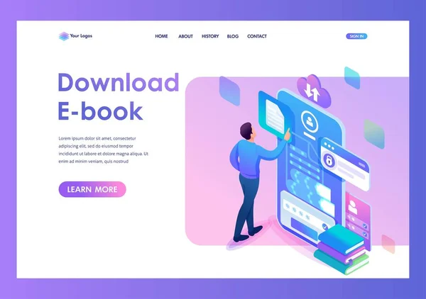 Landing Page Isometry. Homme télécharge un livre audio sur son smartphone pour l'entraînement. L'apprentissage en ligne. Illustration vectorielle — Image vectorielle