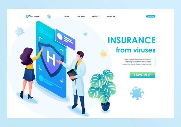 Isometric 3D. Protect Yourself From The Virus, Get Medical Insurance. Keeps a Social Distance And Wears Masks. Landing Page — Stock Vector