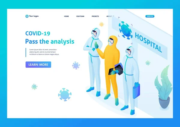 アイソメトリック3D 。ウイルスの拡散の危険性。保護者の医師は病院への入り口でスーツ。ランディングページ — ストックベクタ