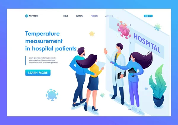 アイソメトリック3D 。医師病院の入り口で患者の体温を確認します。ランディングページ — ストックベクタ