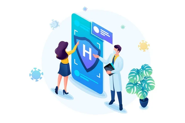 Izometryczny trójwymiarowy. Chroń się przed wirusem, zdobądź ubezpieczenie zdrowotne. Zachowuje dystans społeczny i nosi maski. Tworzenie stron internetowych — Wektor stockowy