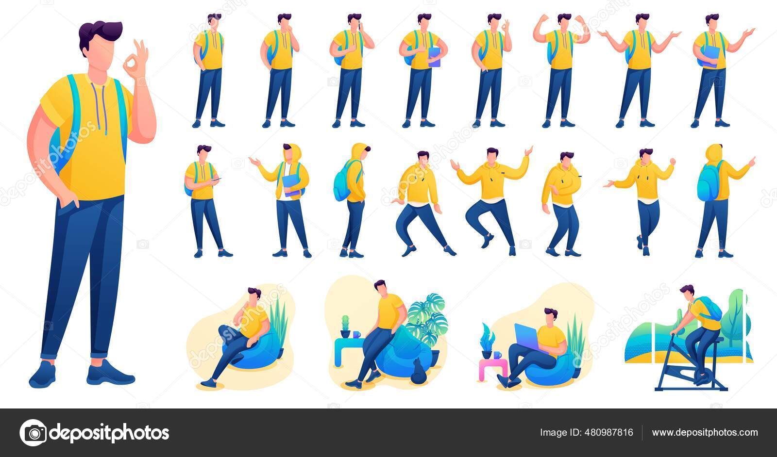 様々なポーズやアクションキャラクターでのプレゼンテーション 若い男だ 2dフラットキャラクターベクトルイラスト N6 ストックベクター C Elizaliv