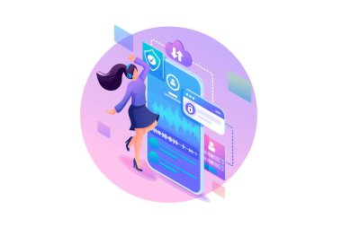 Isome Web Tasarım Şablonu. Kız en sevdiği müzik listesinden müzik dinliyor. En sevdiğiniz sanatçıyı dinleyin. Vektör İllüstrasyonu
