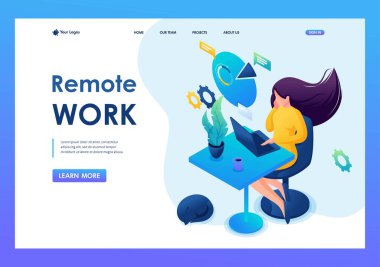 Isometric üç boyutlu. Uzaktan kumandada çalışan kız. Evde çalış Freelancer. İniş Sayfası için Kavram